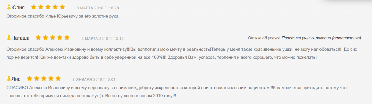 Розділ з відгуками про клініку пластичної хірургії