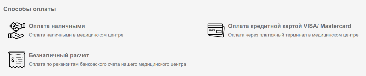 Розділ способів оплати на сайті клініки пластичної хірургії