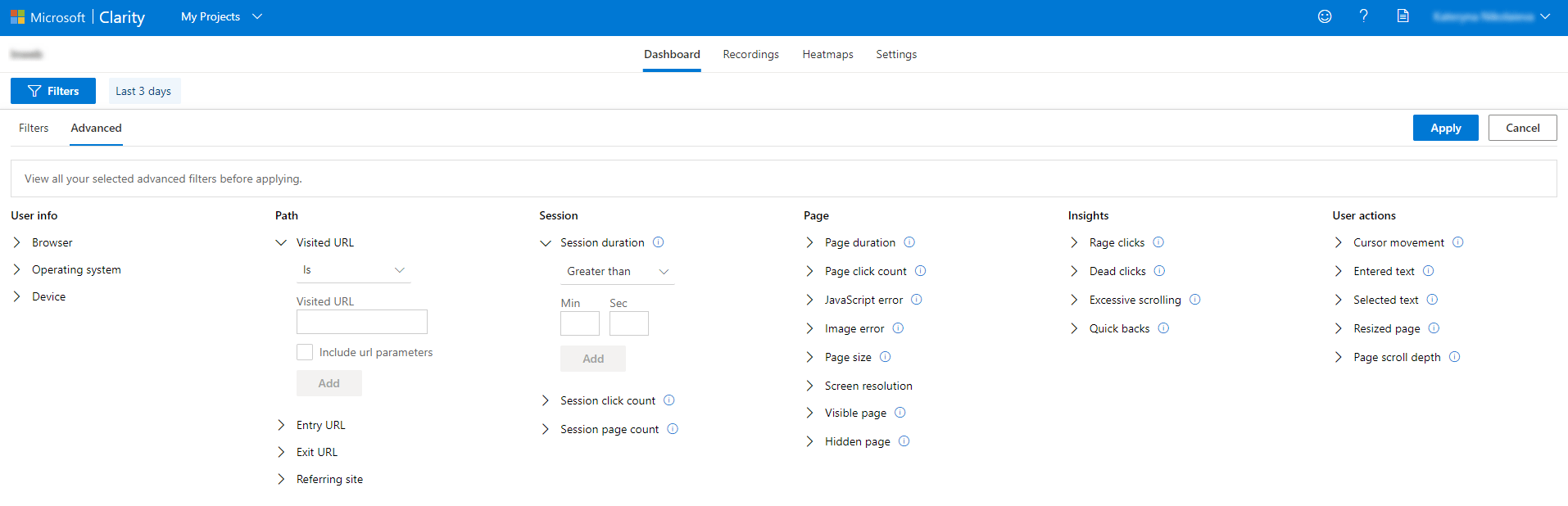 Механізм фільтрів в дашборда в сервісі Microsoft Clarity