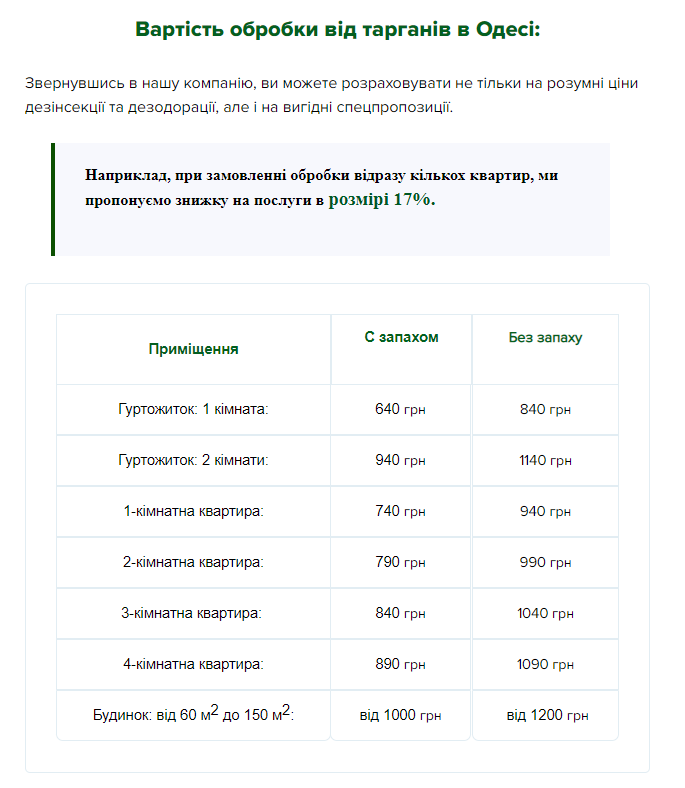 Таблиця з цінами на послуги служби дезінфекції Ліквідатор 