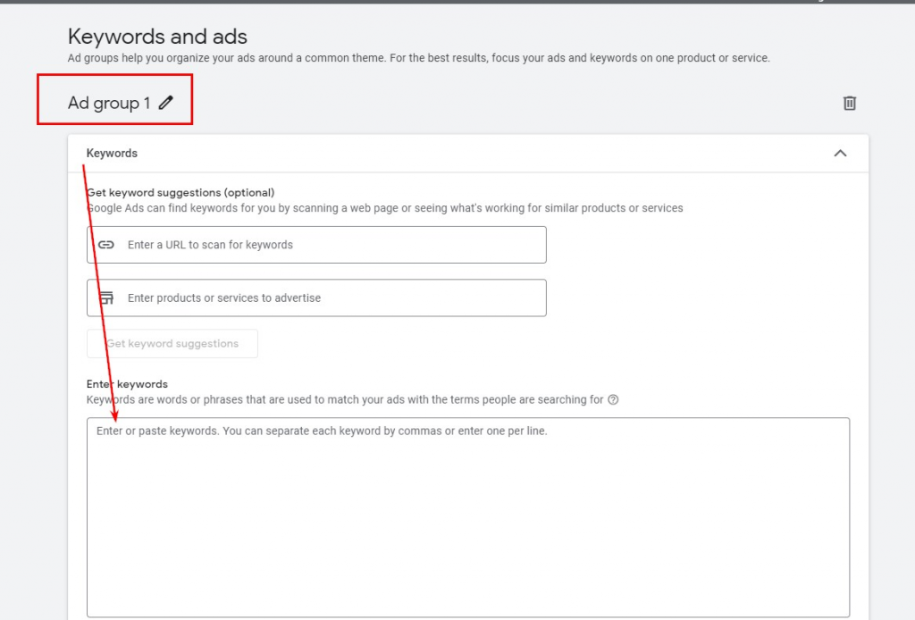 Налаштуйте групи оголошень, задайте назву та завантажте ключові слова по одному у рядку