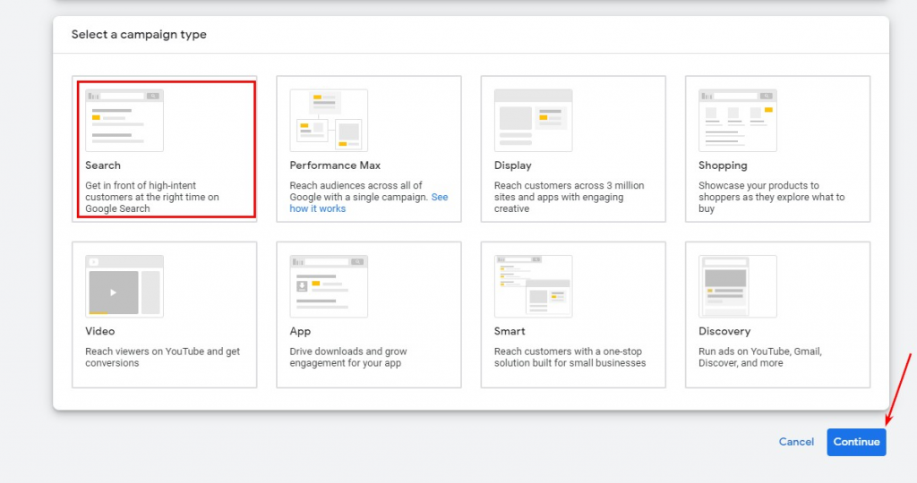 Виберіть тип рекламної кампанії – пошукова