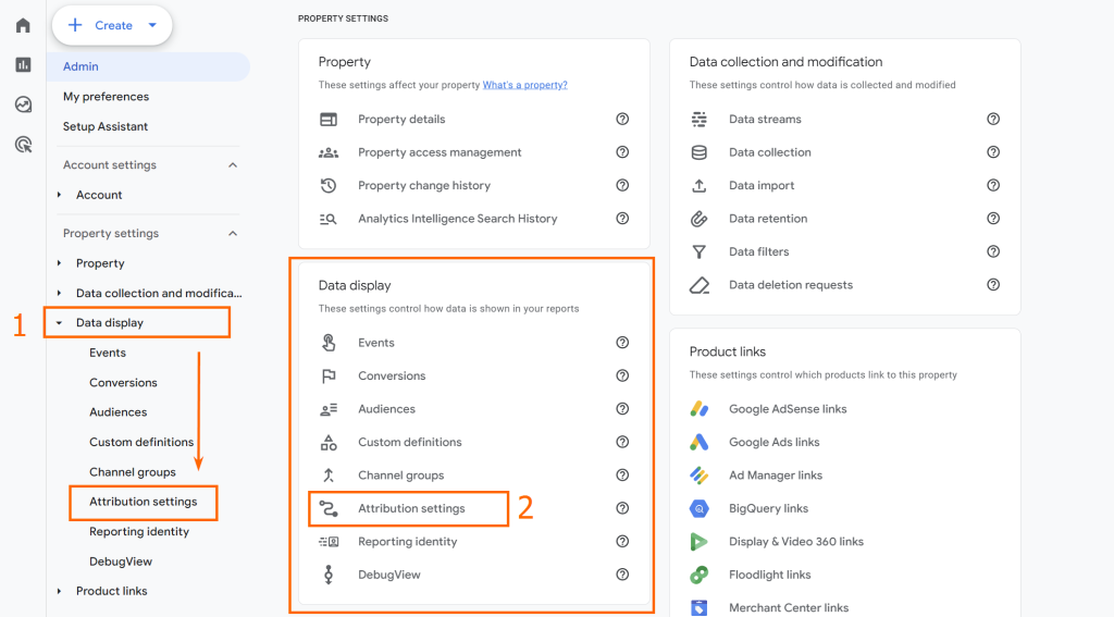 Налаштування атрибуції можна знайти в меню адміністратора Google Analytics 4