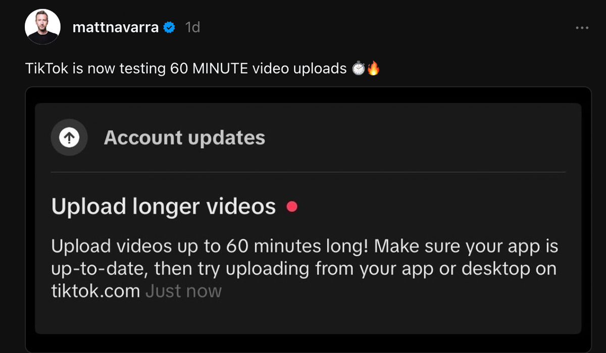 TikTok тестує 60-хвилинні відео, щоб конкурувати з YouTube