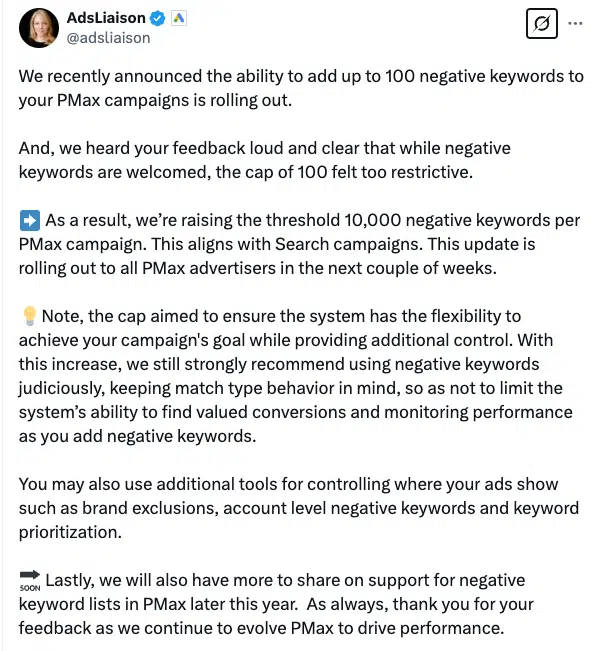 Фото: Google Ads збільшує ліміт негативних ключових слів у Performance Max