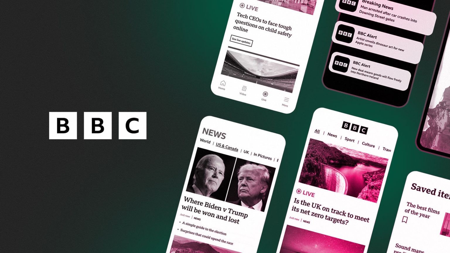 Скриншоти мобільного інтерфейсу BBC News на різних екранах смартфонів, включаючи новинні заголовки та сповіщення, на фоні логотипу BBC