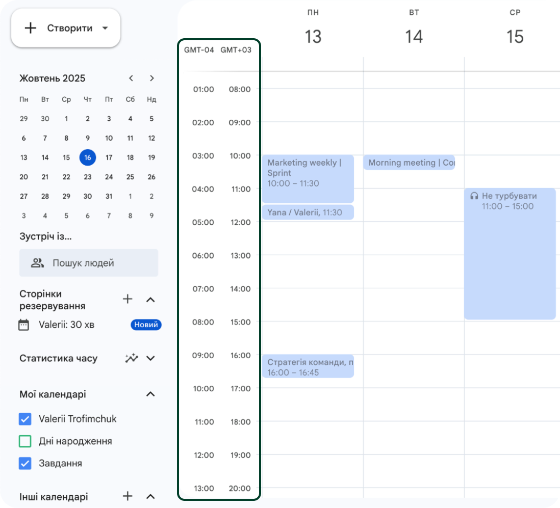 Відображення декількох часових поясів у Google Calendar