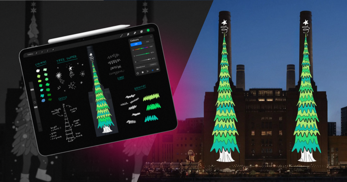 Apple проєктує ялинки, намальовані на iPad, на фасад легендарної електростанції