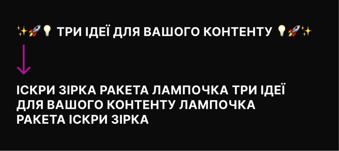 Графіка: «✨🚀💡 Три ідеї для вашого контенту 💡🚀✨» → як це чує скринрідер: «іскри зірка ракета лампочка три ідеї для вашого контенту лампочка ракета іскри зірка».