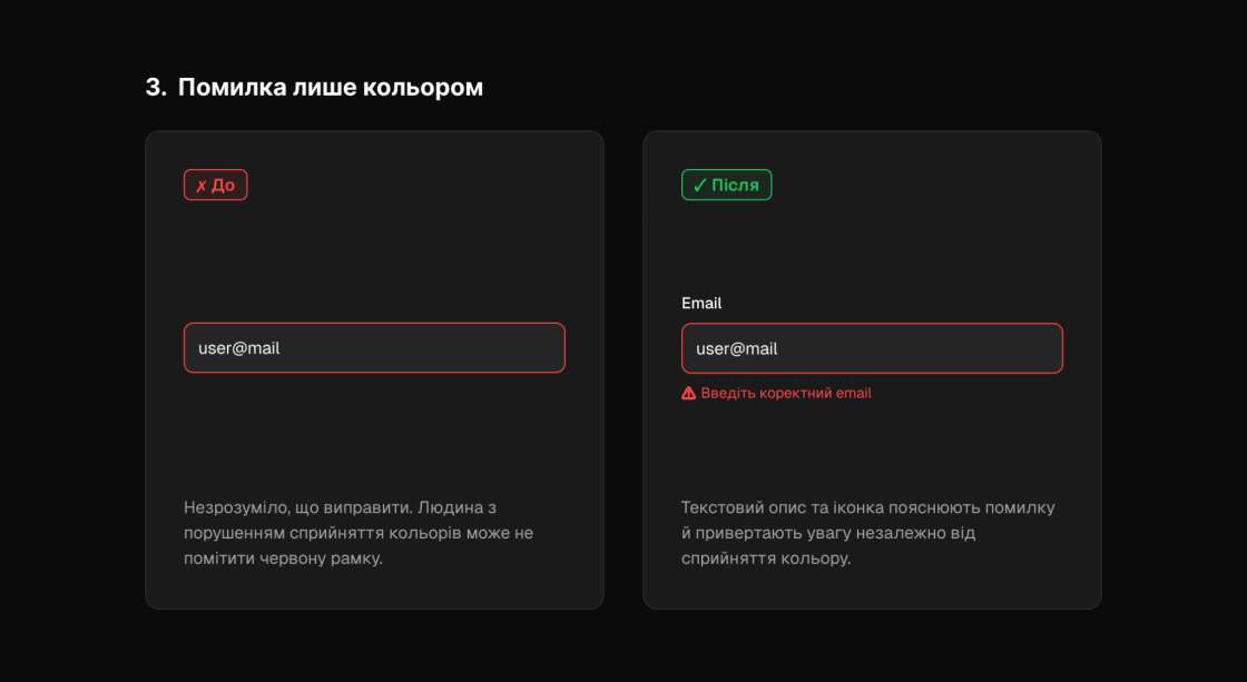 Порівняння помилки форми: лише червона рамка проти тексту й іконки з поясненням.